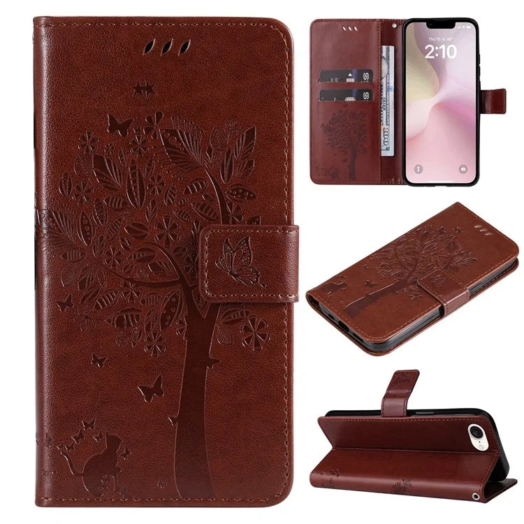 KT Imprinting Flower Series-3 For iPhone SE (2024) Wallet Case Tree Pattern Leather Phone Cover