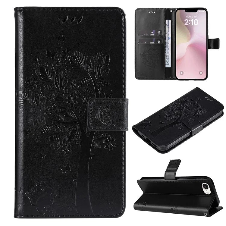 KT Imprinting Flower Series-3 For iPhone SE (2024) Wallet Case Tree Pattern Leather Phone Cover