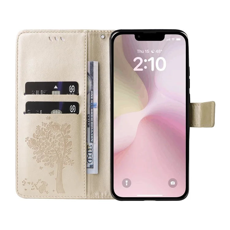 KT Imprinting Flower Series-3 For iPhone SE (2024) Wallet Case Tree Pattern Leather Phone Cover