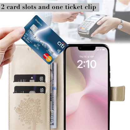 KT Imprinting Flower Series-3 For iPhone SE (2024) Wallet Case Tree Pattern Leather Phone Cover