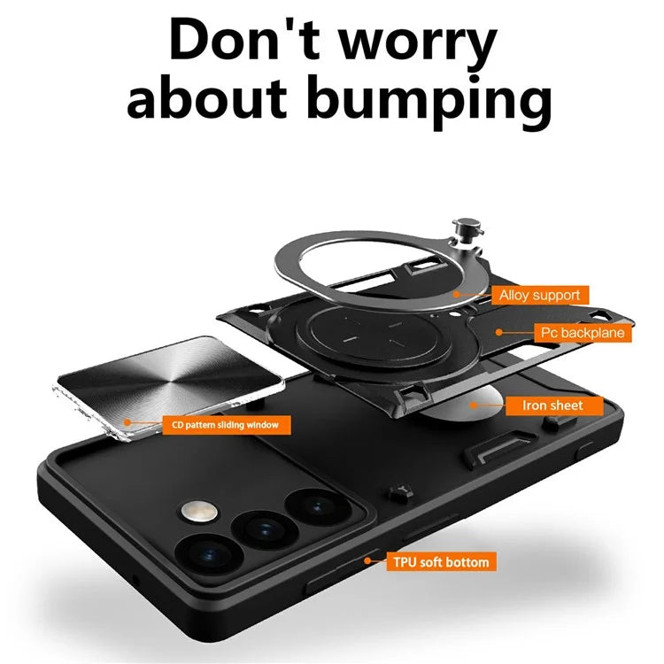 For Samsung Galaxy M34 5G Kickstand Case Slide Camera Lid TPU+PC Hybrid Phone Cover