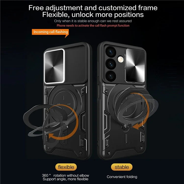 For Samsung Galaxy S24+ Shockproof Case with Slide Camera Lid+Rotatable Kickstand