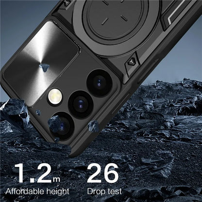 For Samsung Galaxy S24+ Shockproof Case with Slide Camera Lid+Rotatable Kickstand