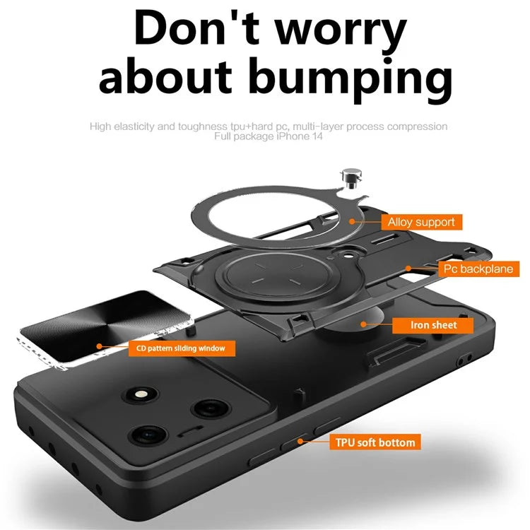 For TECNO Spark 10 4G / 10C 4G Case TPU+PC Phone Cover with Kickstand, Slide Lens Window