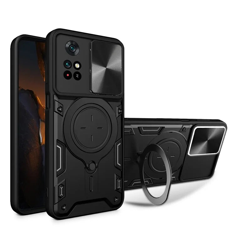For Xiaomi Poco M4 Pro 4G Kickstand Case TPU+PC Phone Cover with Slide Lens Shield