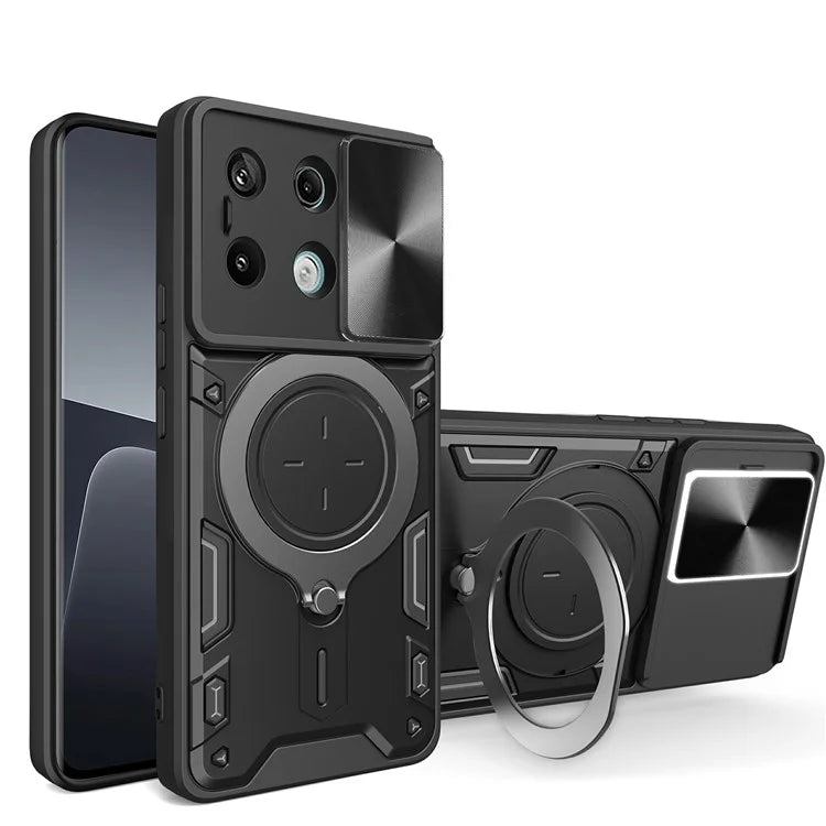For Xiaomi Redmi Note 13 Pro 5G / Poco X6 5G Case Kickstand TPU+PC Phone Cover with Slide Lens Lid
