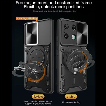 For Xiaomi Redmi Note 13 Pro 5G / Poco X6 5G Case Kickstand TPU+PC Phone Cover with Slide Lens Lid