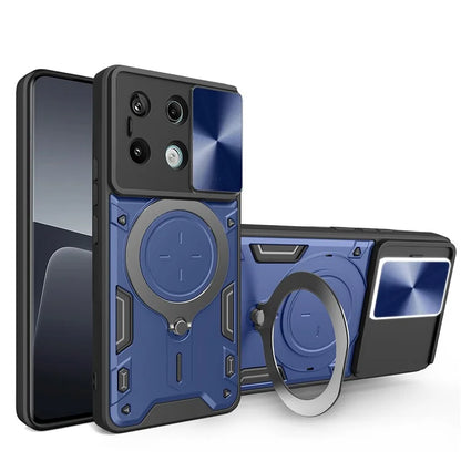 For Xiaomi Redmi Note 13 Pro 5G / Poco X6 5G Case Kickstand TPU+PC Phone Cover with Slide Lens Lid