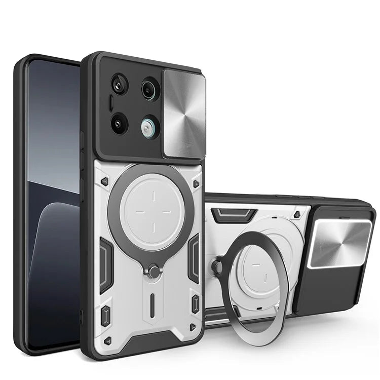 For Xiaomi Redmi Note 13 Pro 5G / Poco X6 5G Case Kickstand TPU+PC Phone Cover with Slide Lens Lid
