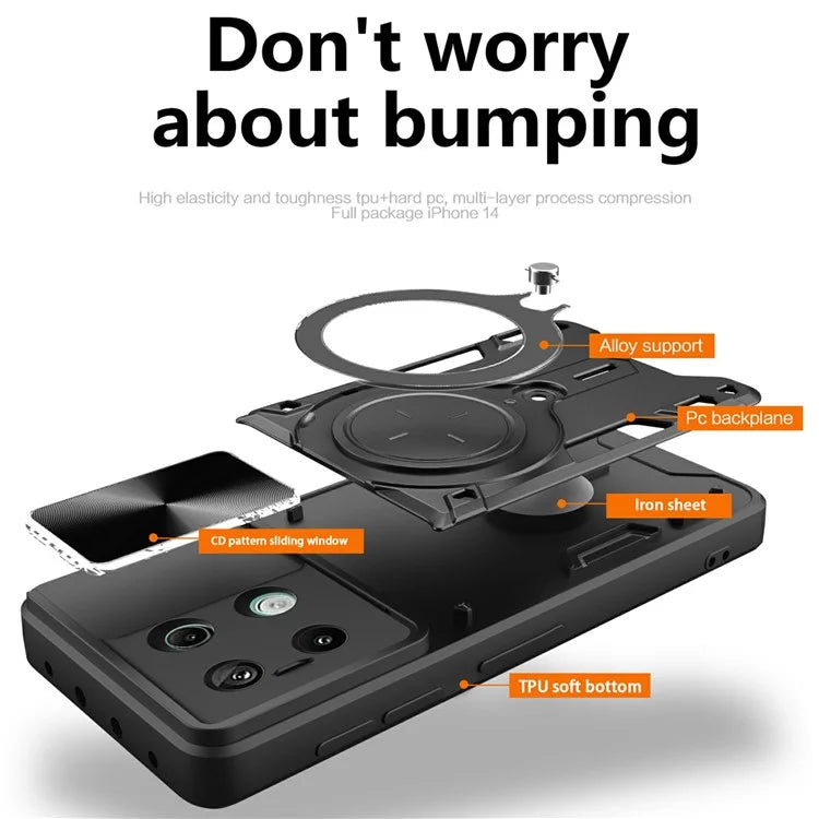 For Xiaomi Redmi Note 13 Pro 5G / Poco X6 5G Case Kickstand TPU+PC Phone Cover with Slide Lens Lid