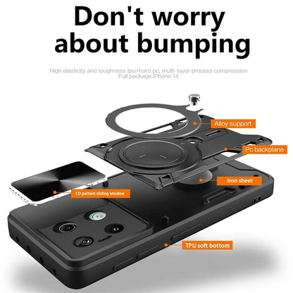 For Xiaomi Redmi Note 13 Pro 5G / Poco X6 5G Case Kickstand TPU+PC Phone Cover with Slide Lens Lid