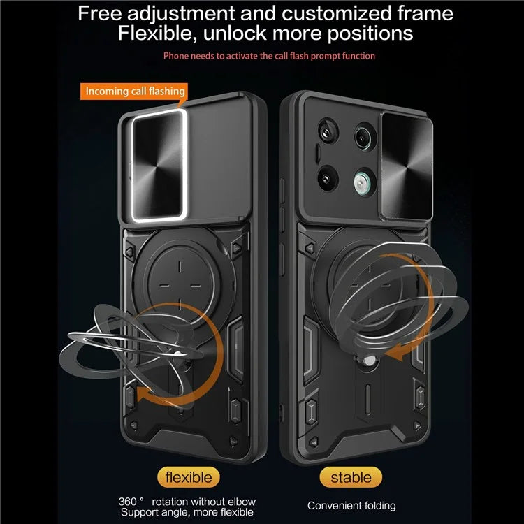 For Xiaomi Redmi Note 13 Pro 5G / Poco X6 5G Case Kickstand TPU+PC Phone Cover with Slide Lens Lid