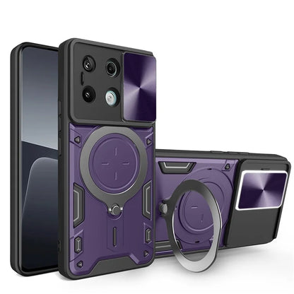 For Xiaomi Redmi Note 13 Pro 5G / Poco X6 5G Case Kickstand TPU+PC Phone Cover with Slide Lens Lid