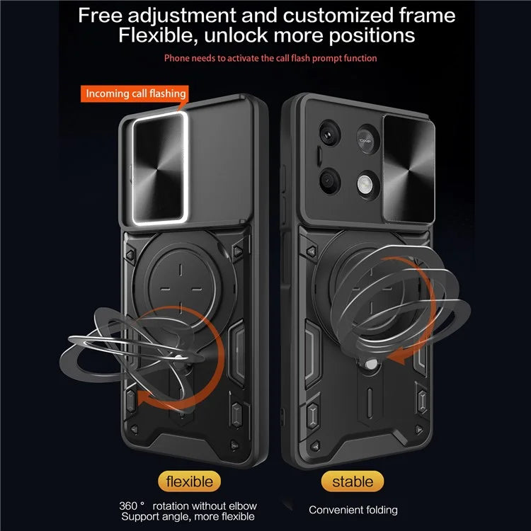 For Xiaomi Redmi Note 13 5G Protective Case TPU+PC Phone Cover with Kickstand, Slide Lens Lid
