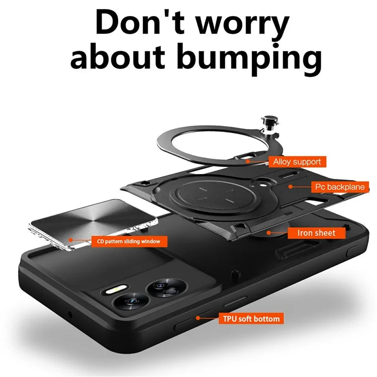 For Honor 90 Lite 5G Case with Slide Camera Cover Rotating Kickstand TPU+PC Phone Shell