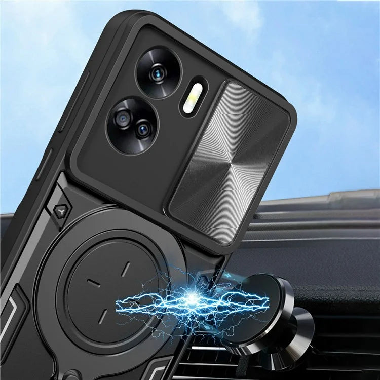 For Honor 90 Lite 5G Case with Slide Camera Cover Rotating Kickstand TPU+PC Phone Shell