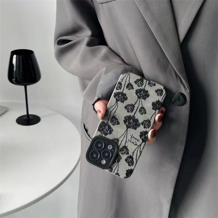 For iPhone 15 Pro Case Rose Flower Pattern Soft TPU Shockproof Grey Phone Cover