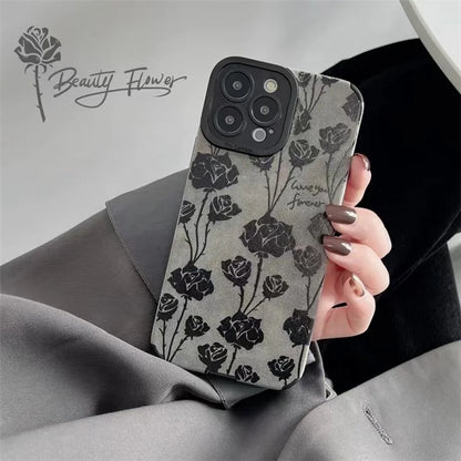 For iPhone 15 Pro Case Rose Flower Pattern Soft TPU Shockproof Grey Phone Cover