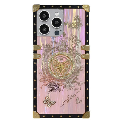 For iPhone 13 Pro Metal Corners Electroplated Butterfly Pattern TPU+PC Phone Cover with Kickstand
