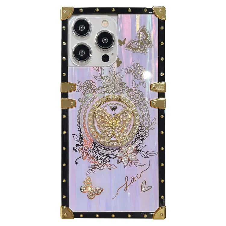 For iPhone 13 Pro Metal Corners Electroplated Butterfly Pattern TPU+PC Phone Cover with Kickstand