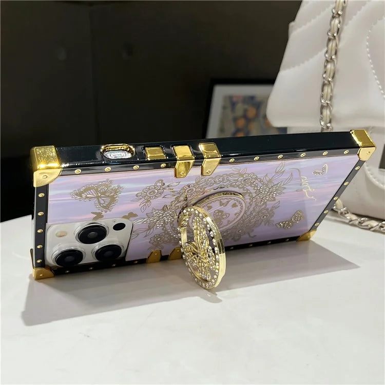 For iPhone 13 Pro Metal Corners Electroplated Butterfly Pattern TPU+PC Phone Cover with Kickstand