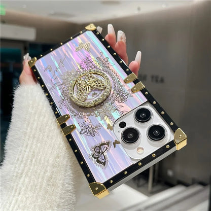 For iPhone 13 Pro Metal Corners Electroplated Butterfly Pattern TPU+PC Phone Cover with Kickstand