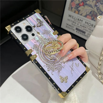 For iPhone 13 Pro Metal Corners Electroplated Butterfly Pattern TPU+PC Phone Cover with Kickstand