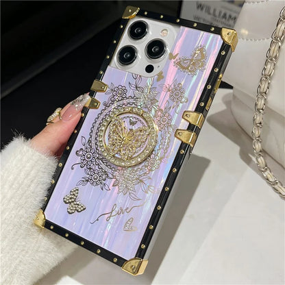 For iPhone 13 Pro Metal Corners Electroplated Butterfly Pattern TPU+PC Phone Cover with Kickstand