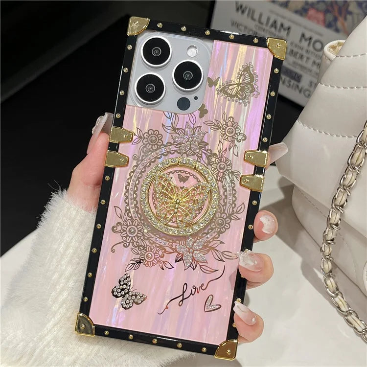 For iPhone 14 Pro Case Butterfly Pattern Electroplated Kickstand TPU+PC Phone Cover