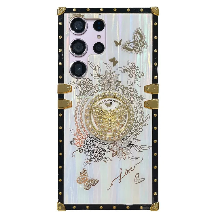 For Samsung Galaxy S23 Ultra Kickstand Case Rhinestone Decor Butterfly Pattern TPU+PC Phone Cover