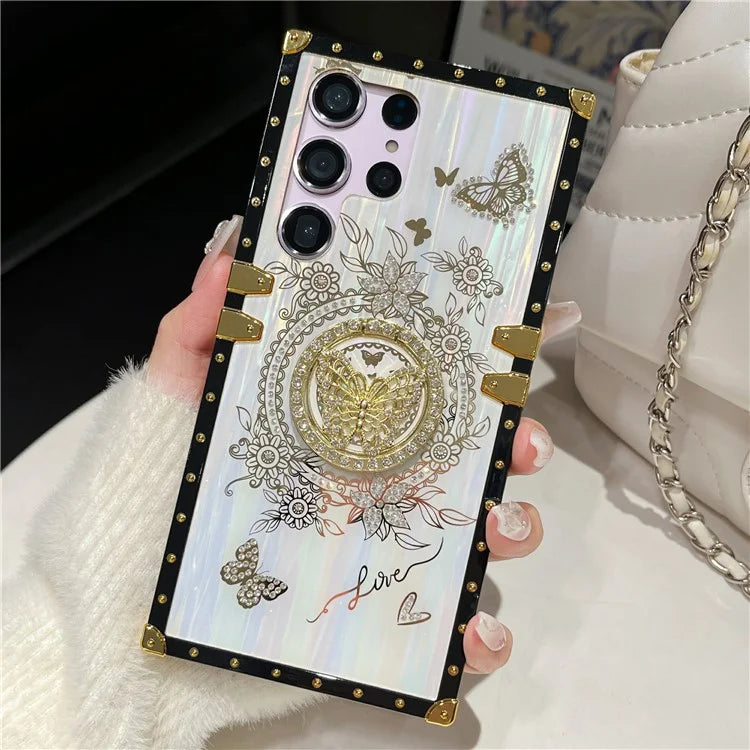 For Samsung Galaxy S23 Ultra Kickstand Case Rhinestone Decor Butterfly Pattern TPU+PC Phone Cover