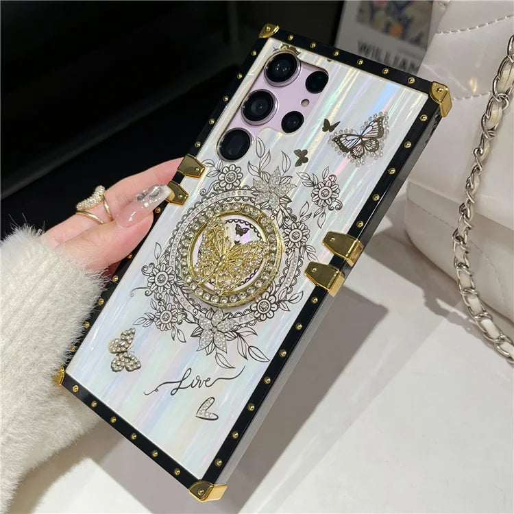 For Samsung Galaxy S23 Ultra Kickstand Case Rhinestone Decor Butterfly Pattern TPU+PC Phone Cover