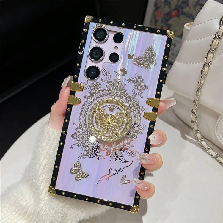 For Samsung Galaxy S23 Ultra Kickstand Case Rhinestone Decor Butterfly Pattern TPU+PC Phone Cover