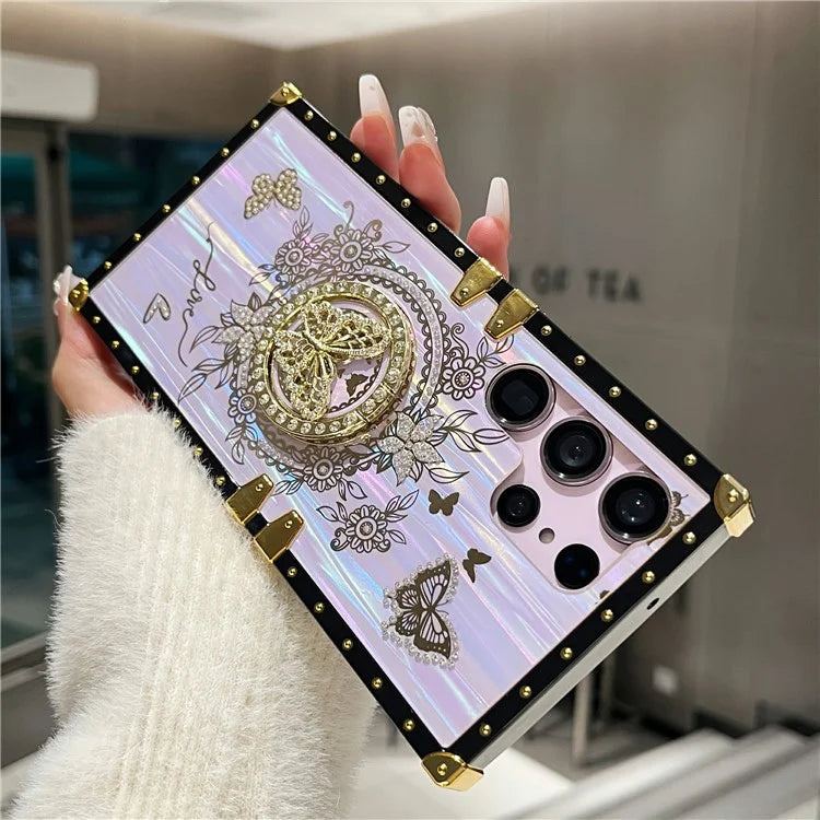 For Samsung Galaxy S23 Ultra Kickstand Case Rhinestone Decor Butterfly Pattern TPU+PC Phone Cover