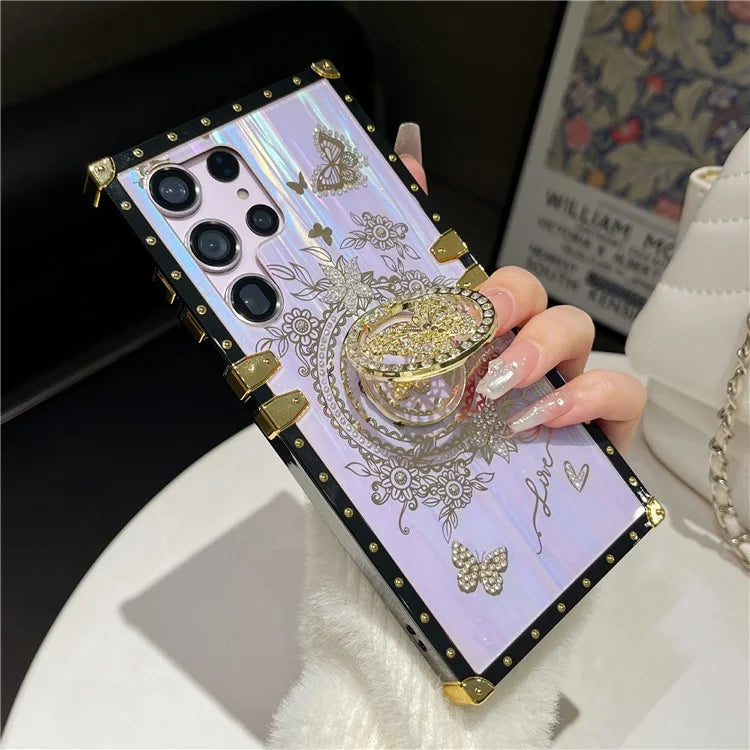 For Samsung Galaxy S23 Ultra Kickstand Case Rhinestone Decor Butterfly Pattern TPU+PC Phone Cover