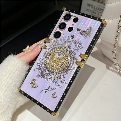 For Samsung Galaxy S23 Ultra Kickstand Case Rhinestone Decor Butterfly Pattern TPU+PC Phone Cover