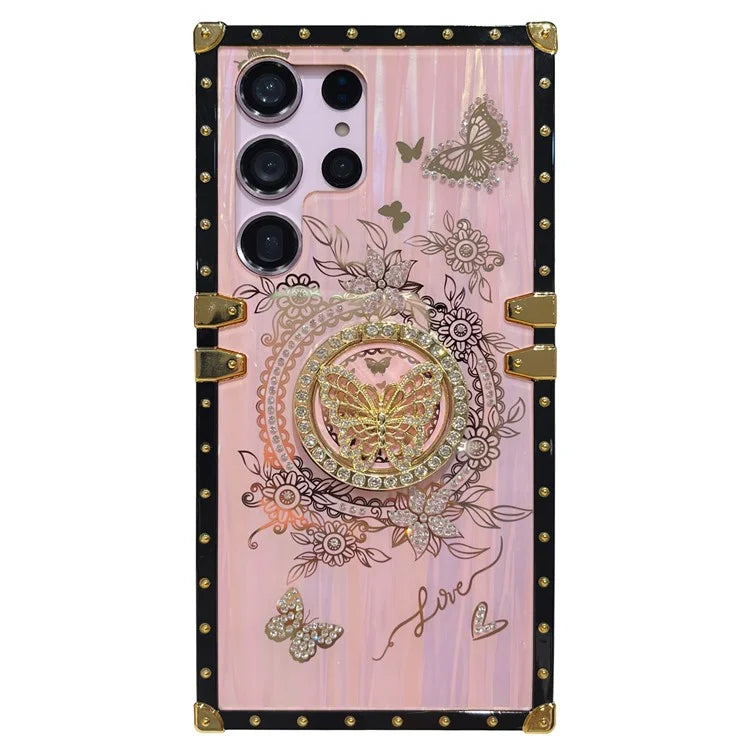 For Samsung Galaxy S23 Ultra Kickstand Case Rhinestone Decor Butterfly Pattern TPU+PC Phone Cover