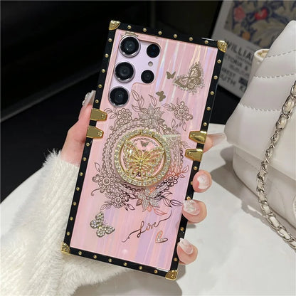 For Samsung Galaxy S23 Ultra Kickstand Case Rhinestone Decor Butterfly Pattern TPU+PC Phone Cover