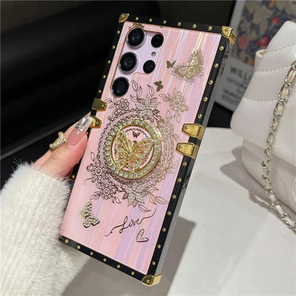For Samsung Galaxy S23 Ultra Kickstand Case Rhinestone Decor Butterfly Pattern TPU+PC Phone Cover