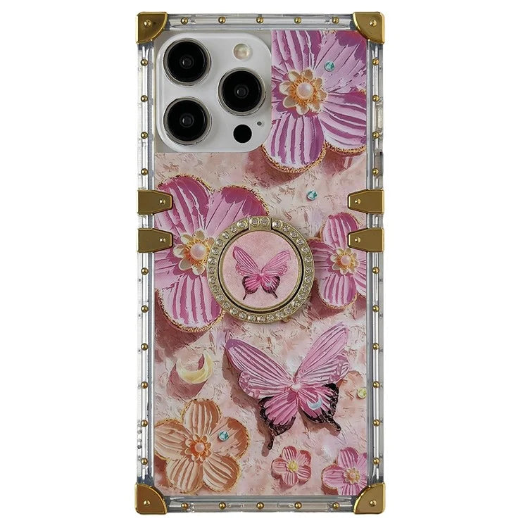 For iPhone 14 Pro Max Case Ring Kickstand Flower Butterfly Pattern TPU+PC Phone Cover