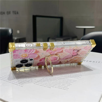 For iPhone 14 Pro Max Case Ring Kickstand Flower Butterfly Pattern TPU+PC Phone Cover