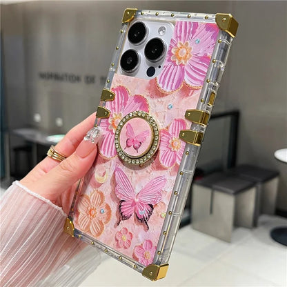 For iPhone 14 Pro Max Case Ring Kickstand Flower Butterfly Pattern TPU+PC Phone Cover