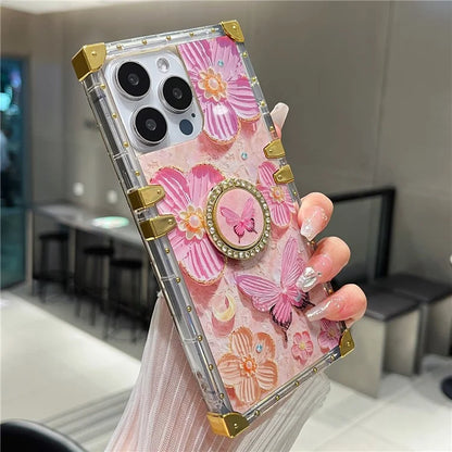 For iPhone 14 Pro Max Case Ring Kickstand Flower Butterfly Pattern TPU+PC Phone Cover
