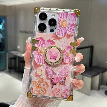 For iPhone 14 Pro Max Case Ring Kickstand Flower Butterfly Pattern TPU+PC Phone Cover