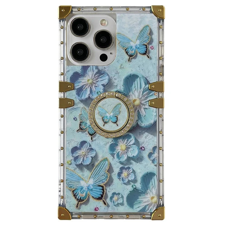 For iPhone 14 Pro Max Case Ring Kickstand Flower Butterfly Pattern TPU+PC Phone Cover