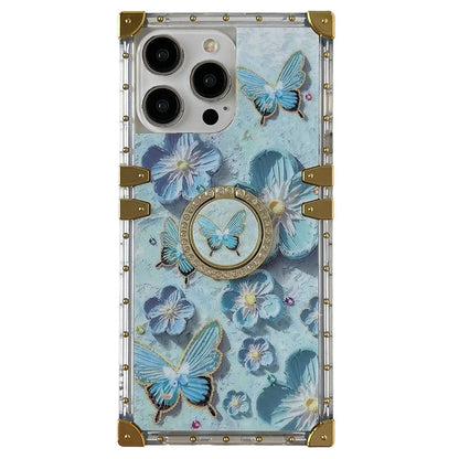 For iPhone 14 Pro Max Case Ring Kickstand Flower Butterfly Pattern TPU+PC Phone Cover