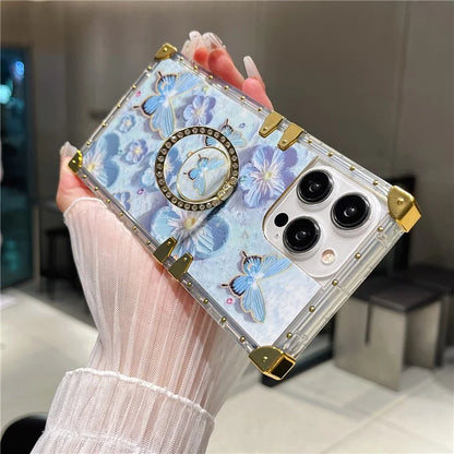 For iPhone 14 Pro Max Case Ring Kickstand Flower Butterfly Pattern TPU+PC Phone Cover