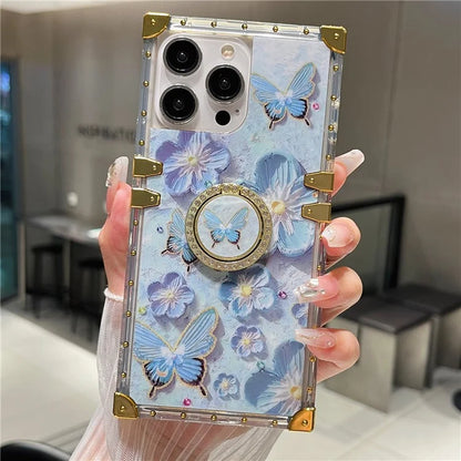 For iPhone 14 Pro Max Case Ring Kickstand Flower Butterfly Pattern TPU+PC Phone Cover