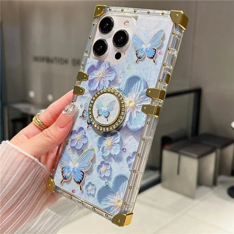 For iPhone 14 Pro Max Case Ring Kickstand Flower Butterfly Pattern TPU+PC Phone Cover