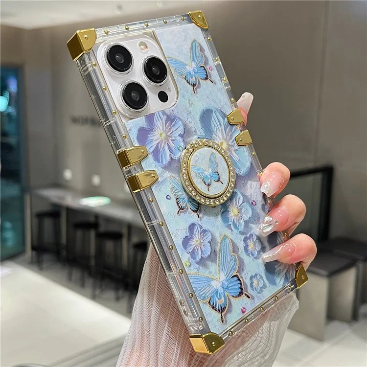 For iPhone 14 Pro Max Case Ring Kickstand Flower Butterfly Pattern TPU+PC Phone Cover